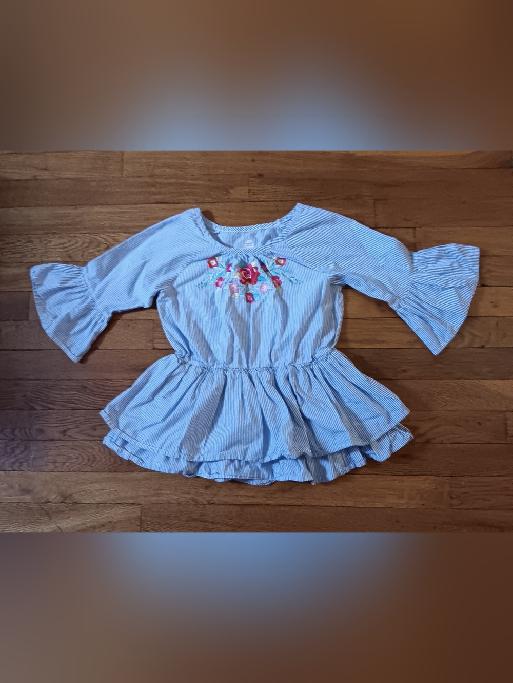 wonder nation Blue Striped Ruffle Peplum Top with Floral Embroidery